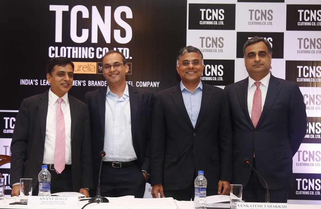 (L-R): Mr. V Jayasankar (Kotak Mahindra Capital Company Limited), Mr. Anant Daga (Managing Director, TCNS Clothing Co. Limited), Mr. Venkatesh Tarakkad (Chief Financial Officer, TCNS Clothing Co. Limited) and Mr. Ravi Kapoor (Citigroup) at TCNS Clothing Co Limited IPO Press Conference held today in Mumbai.(Pic By GPN) 
