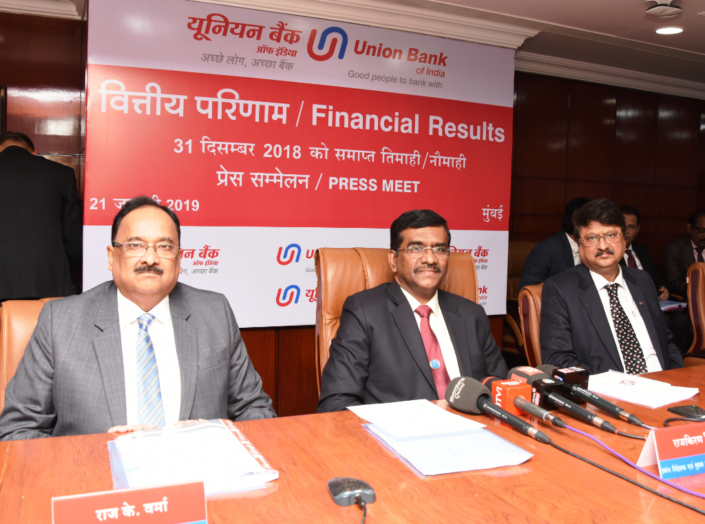 Seen in the photograph is Shri Rajkiran Rai G, Managing Director & CEO, Union Bank Of India, flanked by Shri R.K.Verma, & Shri Dinesh Kumar Garg Executive Directors, Union Bank of India at the press conference held in Mumbai on the occasion of announcement of Q-3 Financial Results for the Quarter/ Nine months ended December 31, 2018 - By Sachin Murdeshwar GPN News Network 