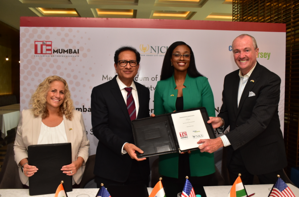 L-R Ms. Margie Piliere, Chief Economic Development Officer at Choose New Jersey, Mr.Atul Nishar, President, TiE Mumbai, Ms. Tamara Cunningham, Assistant Vice President for Global Initiatives  and New Jersey Governor, Phil Murphy.- Photo By Sachin Murdeshwar GPN