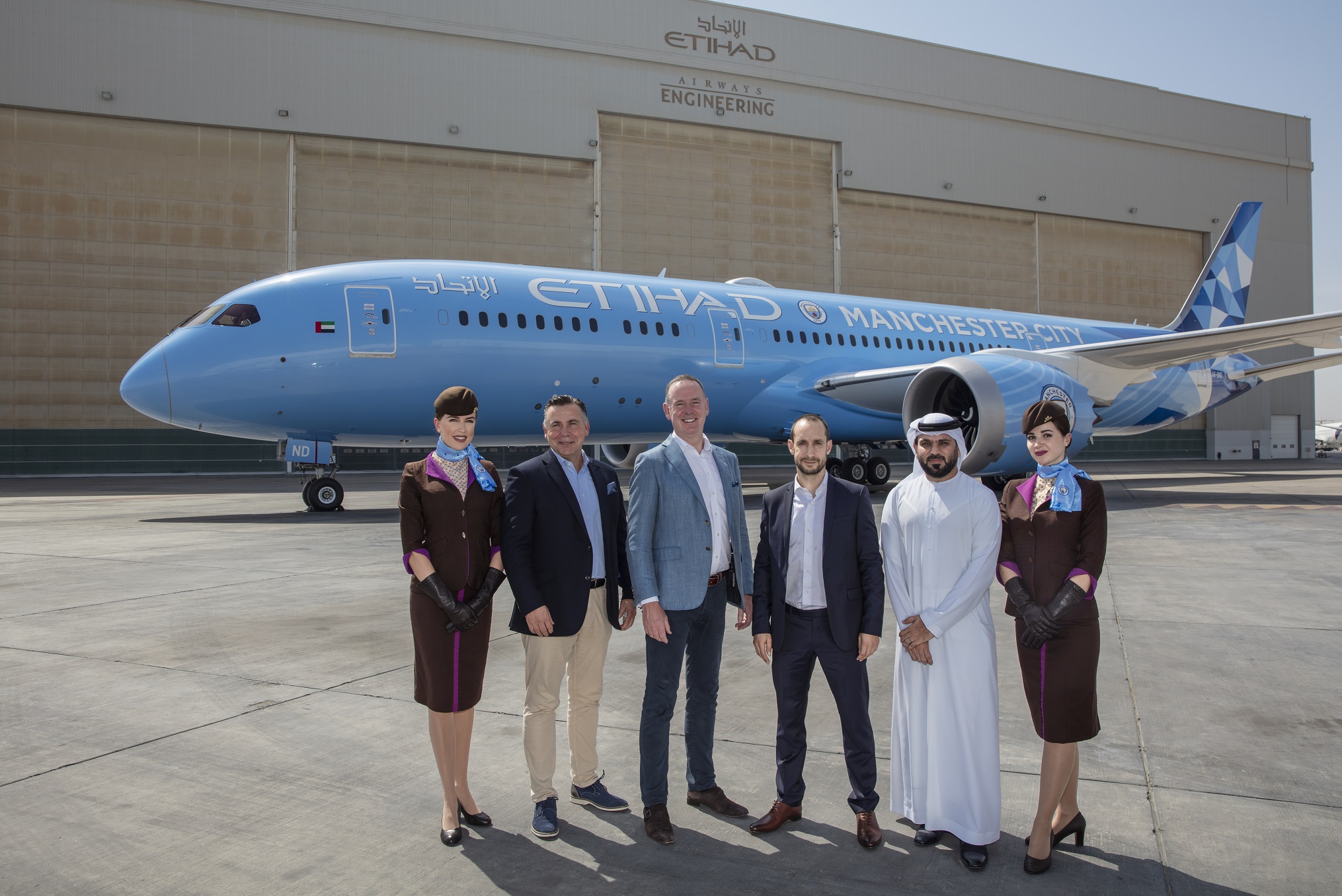 The aircraft was received by Etihad Aviation Group and Manchester City Football Club executives (left to right): Robin Kamark, Chief Commercial Officer, Etihad Aviation Group, Tony Douglas, Group Chief Executive Officer, Etihad Aviation Group, Olivier Turkel, Manchester City Football Club Regional Director MENA, and Yasser Al Yousuf, Vice President Commercial Partnerships, Etihad Aviation Group.   The new livery was painted by Boeing at their Charleston, North Carolina factory. Background on Etihad’s partnership with Manchester City Football Club -Photo By Sachin Murdeshwar GPN