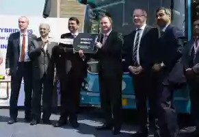 Volvo Buses introdudced its first made in India “Hybrid city bus” by a symbolic between the Swedish Prime Minister and Maharashtra Chief Minister Mr Devendra Fadanvis key exchange Ceremonial Key Exchange with Akash Passey, Senior Vice President – Business Region International, Volvo Buses, VRV Sriprasad, Business Head for India & South Asia  Volvo Buses at Hotel Trident, BKC, on Sunday.