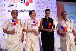 Launch of Shop CJ Tamil Channel – (L-R) – Dhruva Chandrie, COO, Shop CJ Network, Kenny Shin, CEO, Shop CJ Network, Celebrity actress Trisha, N Ramakrishnan, CFO, Shop CJ Network