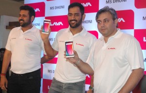 PHOTO CAPTION :  Indian cricket team captain Mahendra Singh Dhoni, Arun Pandey, CMD and Promoter of Rhiti Group and Solomon Wheeler, VP and Head for Marketing and communication, Lava mobiles, during the promotion of Lava mobiles and announcement the  MS Dhoni was named Brand Ambassador of Lava mobiles in Mumbai on Sunday - Photo by Sachin Murdeshwar