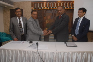 From Left to right: Mr. Rajiv Agarwal- Executive Director HIM Technoforge Ltd, Mr. Vijay Agarwal- CMD, HIM Technoforge Ltd, Mr. K Bhaskaran, Managing Director, Canbank Venture Capital Fund Ltd (CVCFL) and Mr. Dhavan, Director HIM Technoforge at a meet to announce the acquisition of Minority stake in HIM by CVCFL. 
