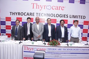 SUMIT BAGRI (ICICI SECURITIES LIMITED), CHITRESH MODY (JM FINANCIAL INSTITUTIONAL SECURITIES LIMITED), DR A VELUMANI (CHAIRMAN, CEO AND MANAGING DIRECTOR, THYROCARE TECHNOLOGIES LIMITED), NISHANT TIWARY (EDELWEISS FINANCIAL SERVICES LIMITED),  A SUNDARARAJU (EXECUTIVE DIRECTOR AND CHIEF FINANCIAL OFFICER, THYROCARE TECHNOLOGIES LIMITED), SACHIN SALVI (GENERAL MANAGER FINANCE, THYROCARE TECHNOLOGIES LIMITED AT THE IPO PRESS CONFERENCE OF THE CCOMPANY.
