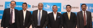Left to Right- Mr. Salil Pitale, Axis Capital Limited, Mr. Ajay Saraf, ICICI Securities Limited, Mr. Ajit Isaac, Chairman and Managing Director and CEO, Quess Corp Limited,  Mr. Subrata Kumar Nag, Executive and Whole Time Director and CFO, Quess Corp Limited, Mr Samik Basu,  Program Manager Strategy and Investments, Quess Corp Limited, Mr. H. Nemkumar, IIFL Holdings Limited