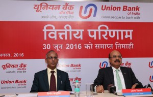 Seen in the photograph are Shri Arun Tiwari, Chairman and Managing Director,Union Bank Of India,flanked by  Shri Vinod Kathuria, Executive Director, Union Bank Of India at  the press conference on the occasion of announcement of Financial Results for quarter ended June 30, 2016.