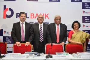 L to R: Mr. Uday Kotak (Kotak Mahindra), Mr. Vishwavir Ahuja (MD & CEO, RBL Bank Ltd.), Mr. Deepak Parekh (HDFC) and Mrs. Arundhati Bhattacharya (State Bank of India) at the RBL Bank Ltd. IPO press conference