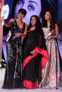 Mandira Bedi ,N Mahalakshmi-Editor Outlook-Business , Aishwarya Rai Bachchan in a selfie mode at the 7th Outlook-Business Outstanding Women Awards.