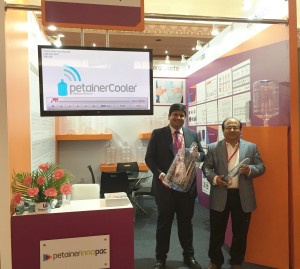 Mr. Atit Bhatia - Managing Director and Mr. Tapan Kumar - VP, Sales of Petainer Innopac Packaging showcasing their innovative 20 litre water jar petainerCooler at the W4 Water Expo in Pondicherry. 