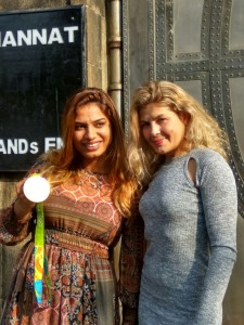 2016 Olympics Bronze Medalist Marwa Amri of Tunisia (Left) along with Great Britain's Yana Rattigan (Right) take a picture outside Shah Rukh Khan's home MANNAT in Bandra on Nov. 19, 2016, Saturday. -Photo by GPN NETWORK
