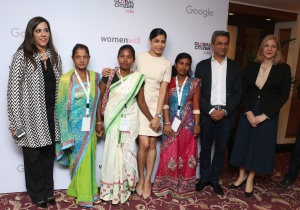Sapna Chadha, Marketing Head, Google India; Rajan Anandan, Vice President of Google, South East Asia & India; Luisella Mazza, Head of Operations, Google Cultural Institute with the Internet Saathi’s at the Women Will announcement by Google - Photo by GPN Network