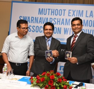 Mr. Thomas Muthoot (Executive Director, Muthoot Pappachan Group), Mr. Keyur Shah (CEO, Muthoot Precious Metals Division) and Mr. Jignesh Mehta (Founder & MD, Divine Solitaires) at the launch of the Swarnavarsham Diamond Jewllery by Muthoot EXIM in association with Divine Solitaires Pratham Diamonds - Photo by Sachin Murdeshwar GPN NETWORK. 