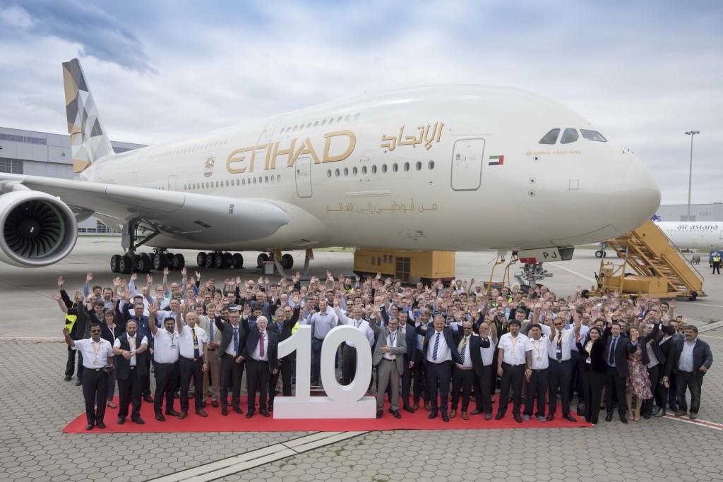 Etihad Airways and Airbus employees celebrate the handover of the airline’s 10th and final Airbus A380 at Hamburg Finkenwerder - Photo By Sachin Murdeshwar GPN NETWORK. 