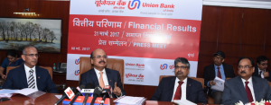 Seen in the photograph is Shri Arun Tiwari, Chairman and Managing Director,Union Bank Of India,flanked by  Shri V.K Kathuria, Shri R.K.Verma & Shri A.K.Goel Executive Directors, Union Bank Of India at  the press conference held in Mumbai on the occasion of  announcement of Financial Results for the quarter/Year ended March 31, 2017 - Photo By Sachin Murdeshwar GPN NETWORK 