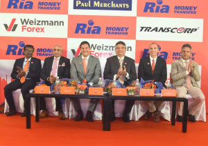 (L to R) - Mr. Emil Ruban, Country Manager- India, Ria Money transfer; Mr. S Paul, Chairman and Managing Director of Paul Merchants Limited; Mr. Juan Bianchi, CEO & President of Ria Money Transfer; Mr. Chetan Mehra, Vice Chairman, Weizmann Forex Limited; Mr. Sebastian Plubins, Managing Director, EMEA & South Asia, Ria Money Transfer and Mr. Ashok Kumar Agarwal, Director of Transcorp International Limited at the launch event of Ria Money Transfer in India - Photo By Sachin Murdeshwar GPN NETWORK. 