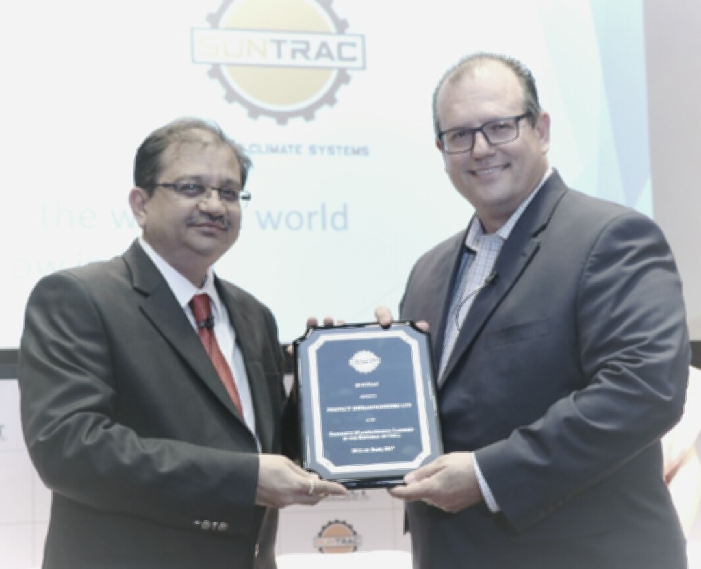 SunTrac USA and Perfect Infraengineers Ltd. announced their collaboration agreement to manufacture SunTrac’s Hybrid Climate Systems and Smart Panels, FIRST OF ITS KIND in India. During the press conference held at NSE, Mumbai on 23rd August 2017, seen left to right,  Mr. Nimesh Mehta, CMD –Perfect Infraengineers Ltd. is seen receiving memento from  Mr. Rich Cooley, CEO-SunTrac, USA. - Photo By GPN NETWORK