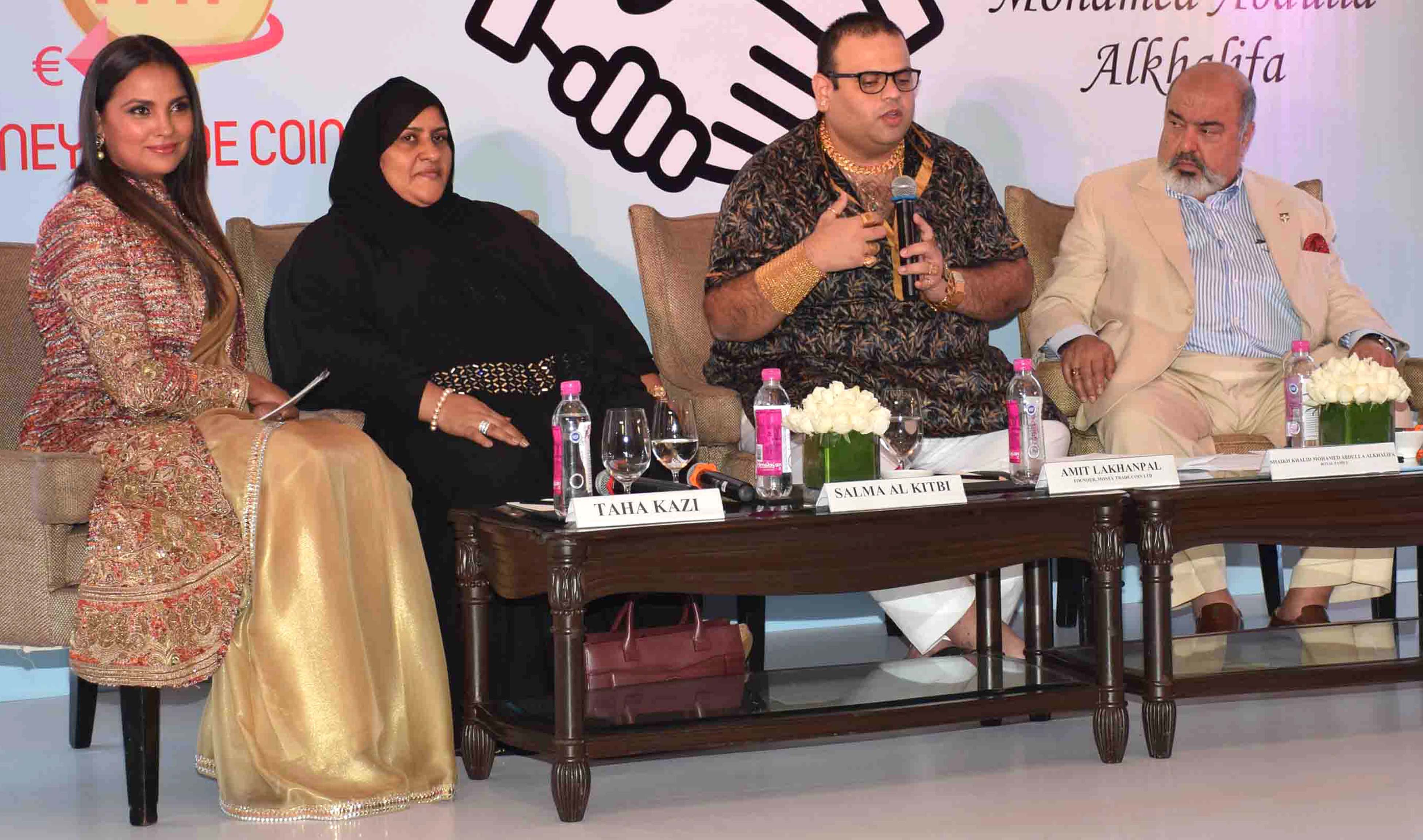 Mumbai , From Left: Bollywood Actress Lara Dutta,UAE Businesswoman &  Associated with Royal Family of Bahrain Mrs. Salma Al Kitbi Money Trade Coin's Founder & CEO  Amit Lakhanpal, Royal Family of Bahrain, H.E Shaikh Dr.Khalid Mohammed Al Khalifa and  during announcement the listing of Mony Trade Coin, a new cryptocurrency designed to accommodate  wide range of fiinancial transactions & Investment in Mumbai on Wednesday. Photo By Sachin Murdeshwar GPN NETWORK on18.10.2017