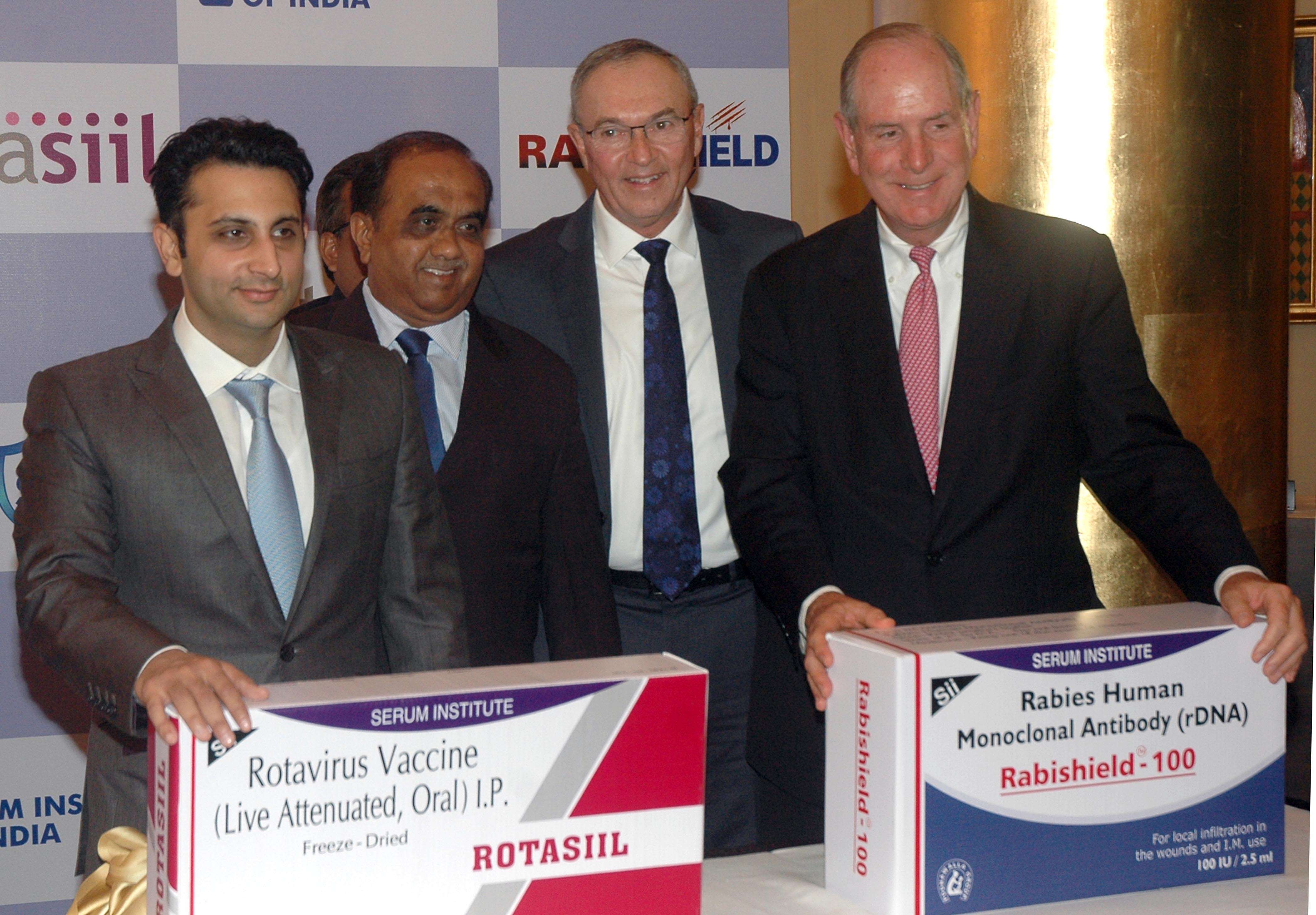 Mumbai : Adar Poonawalla, CEO of Serum Institute of India with Michael Collins, MD Chancellor, University of Massachusetts Medical School (R) and Mark Klempner ,MD Executive, VC Mass Biologic, Professor of Medicicine, University of Massachusetts Medical School and Dr Rajeev Dhere during the event of Serum Institiute of India unveiling advanced Rotasiil vaccine and Rabishied monoclonal antibody globally ~developed in partnership with Massachusettd Medical School, USA in Mumbai on Tuesday. Photo By Sachin Murdeshwar GPN NETWORK