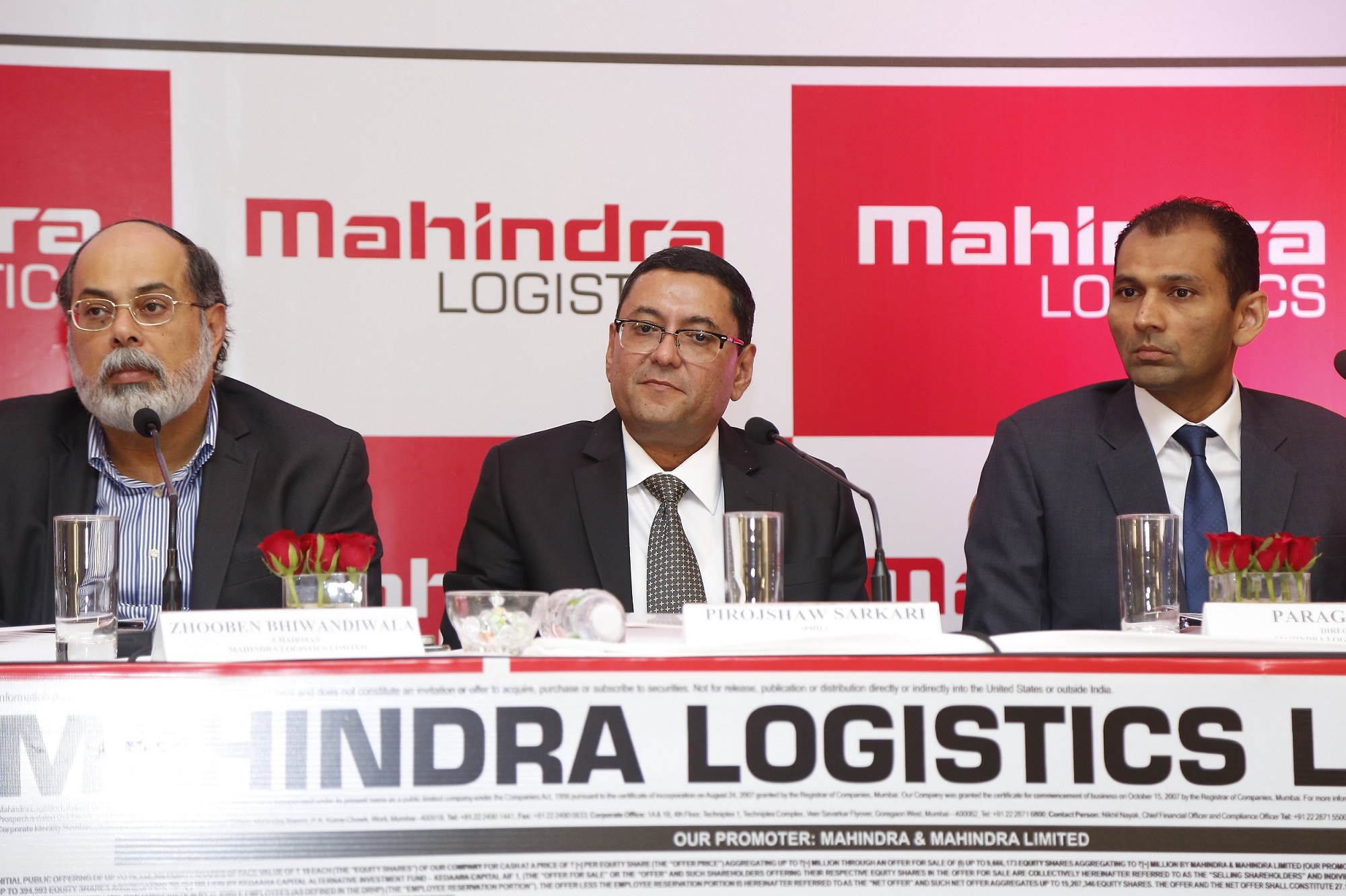  (L-R) – Mr. Zhooben Bhiwandiwala, Chairman, Mahindra Logistics Limited, Mr. Pirojshaw Sarkari, CEO, Mahindra Logistics Limited and Mr. Parag Shah, Director, Mahindra Logistics Limited addressing the media at a press conference held today in Mumbai to announce the company’s forthcoming IPO - Photo By Sachin Murdeshwar GPN NETWORK