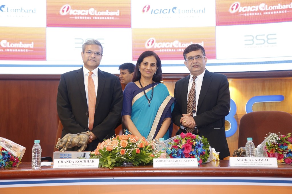 (L-R): Mr. Bhargav Dasgupta, Managing Director and Chief Executive Officer, ICICI Lombard General Insurance Company Limited, Ms. Chanda Kochhar, Chairperson, ICICI Lombard General Insurance Company Limited and Mr Ashishkumar Chauhan, MD & CEO, BSE Ltd, at the listing ceremony of ICICI Lombard listing ceremony held today in Mumbai at BSE.- Photo By Sachin Murdeshwar GPN NETWORK
