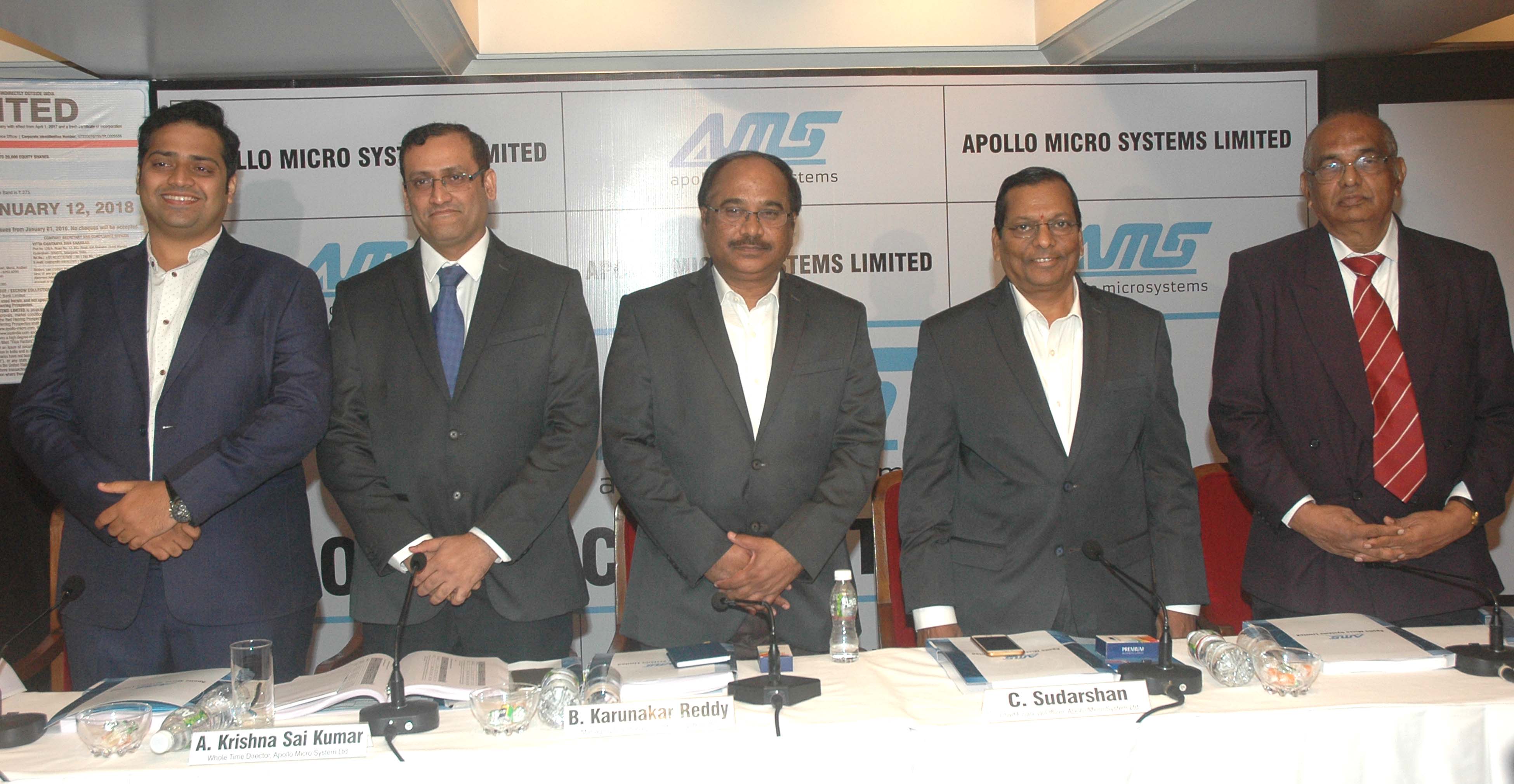 (In Center) B Karunakar Reddy, MD of Apollo Micro Systems Ltd with A Krishna Sai Kumar, Director (L) and C Sudarshan,CFO (R) during announcement the Company IPO in Mumbai on Thursday. Photo By Sachin Murdeshwar /GPN/04.01.2018