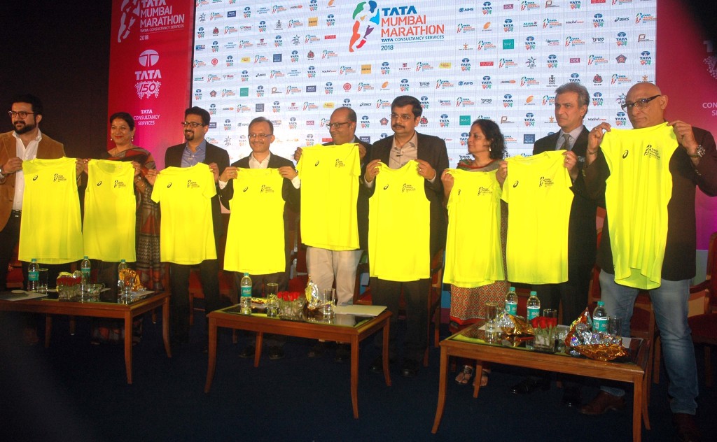 Mumbai (GPN) : Harish Bhatt, Brand Custodian of Tata sons and others during the launch of Tata Mumbai Marathon 2018 Logo in Mumbai on Thursday. Sachin Murdeshwar /11.01.2018