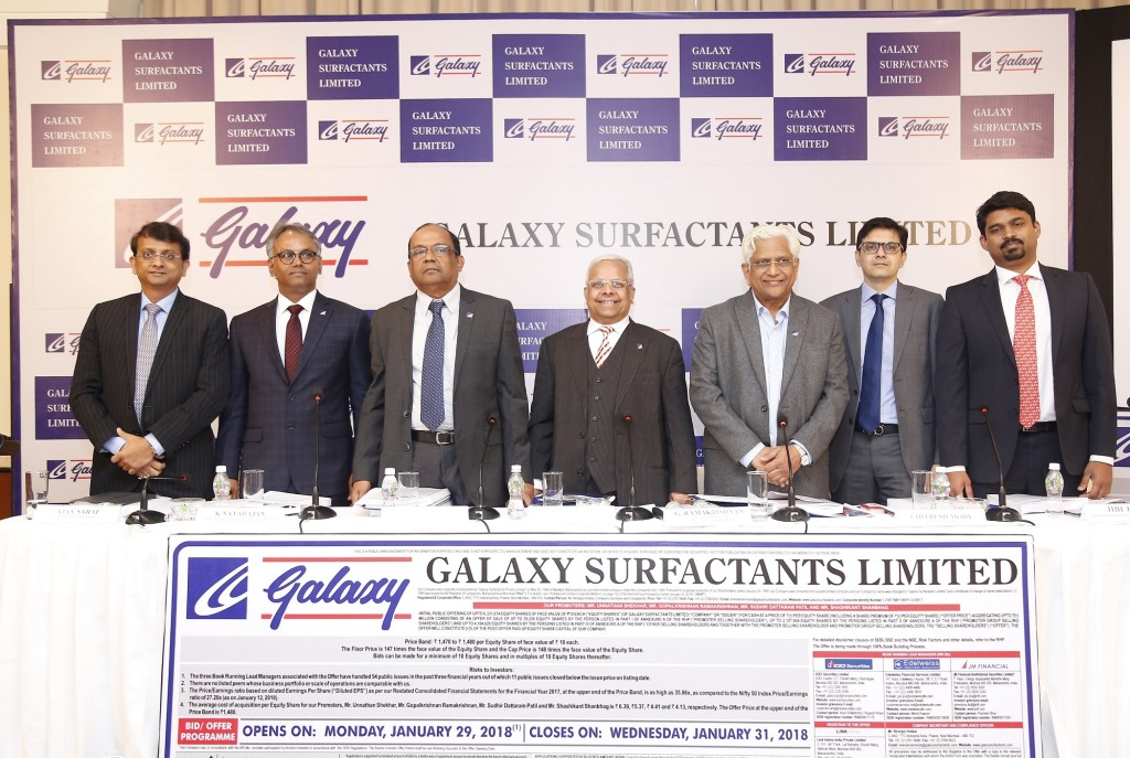 Mr K Natarajan, Executive Director and Chief Operating Officer, Mr Ganesh Kamath, Executive Director and Chief Financial Officer, Mr U Shekhar, Founder and Managing Director and Mr G. Ramakrishnan, Founder and Director, Galaxy Surfactants Limited at the press conference in Mumbai to announce their forthcoming IPO. The issue will open for subscription on Monday 29th January and closes on Wednesday 31st January 2018, with a price band of Rs 1470 to Rs 1480 per equity share.- Photo By Sachin Murdeshwar GPN