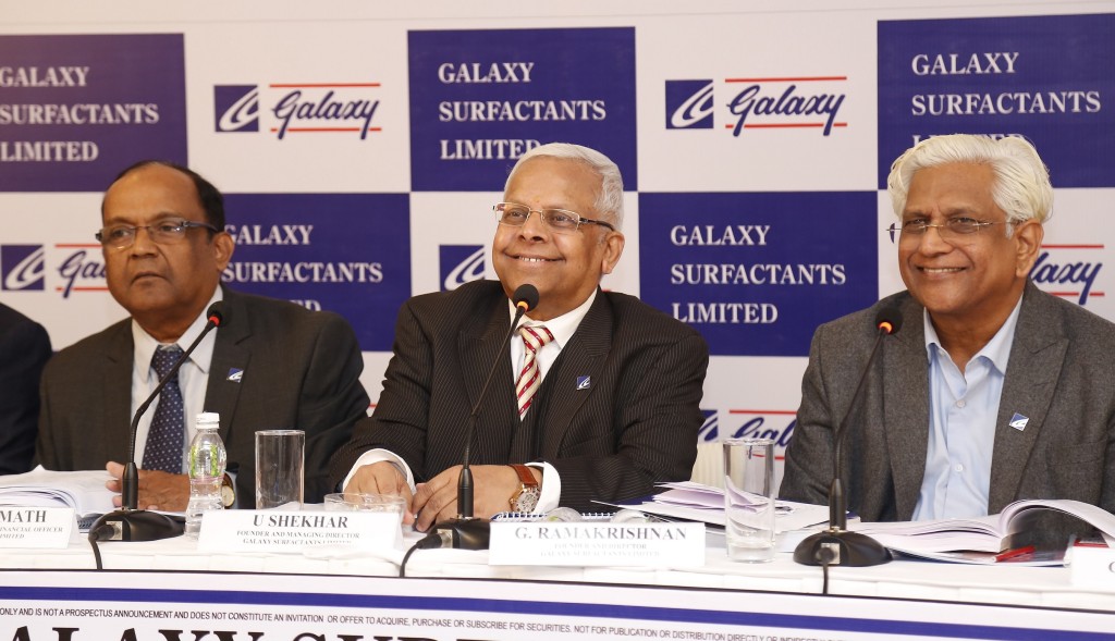 Mr Ganesh Kamath, Executive Director and Chief Financial Officer, Mr U. Shekhar, Founder and Managing Director and Mr G. Ramakrishnan, Founder and Director, Galaxy Surfactants Limited addressing at the press conference to announce their forthcoming IPO. The issue will open for subscription on Monday 29th January and closes on Wednesday 31st January 2018, with a price band of Rs 1470 to Rs 1480 per equity share.- Photo By Sachin Murdeshwar GPN