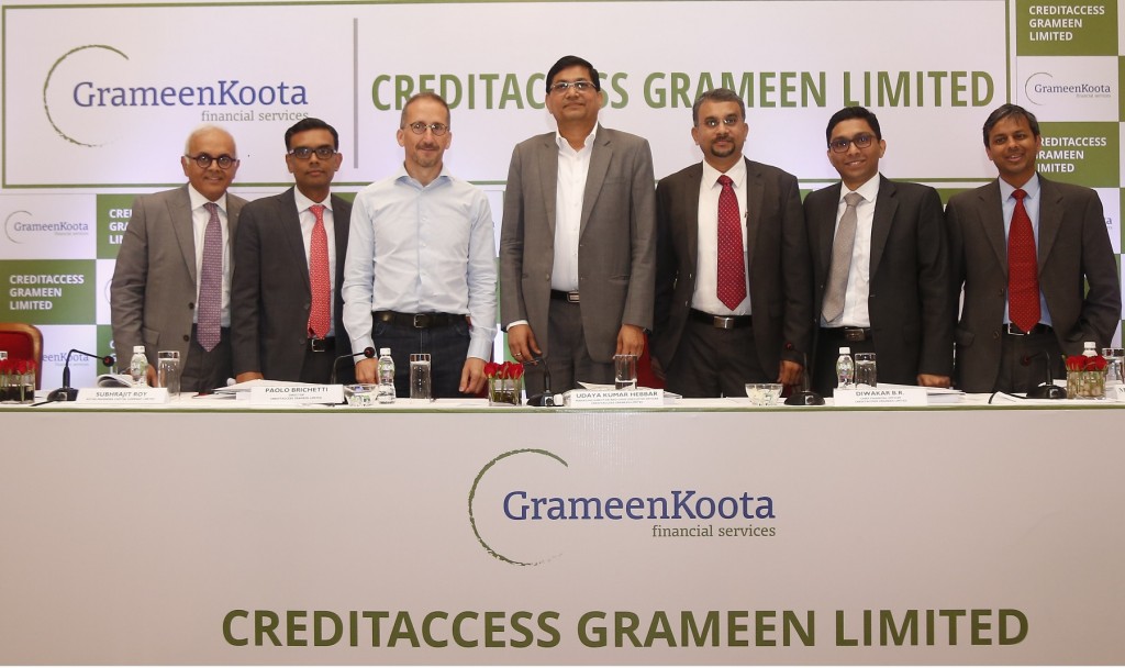 Mickey Doshi, Credit Suisse Securities (India) Private Limited; Subhrajit Roy, Kotak Mahindra Capital Company Limited; Paolo Brichetti, Director, CreditAccess Grameen Limited; Udaya Kumar Hebbar, Managing Director and Chief Executive Offier, CreditAccess Grameen Limited; Diwakar B.R. ,Chief Financial Officer, CreditAccess Grameen Limited; Mahesh Natarajan, ICICI Securities Limited; Vishal Bangard, IIFL Holdings Limited at the announcement of the upcoming IPO of CreditAccess Grameen Limited - BY GPN