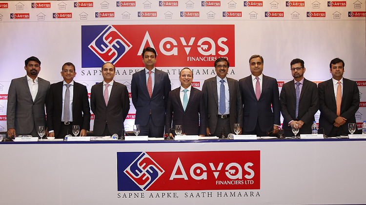(L-R): Mr. Jibi Jacob (Edelweiss Financial Services Limited); Mr. Ajay Saraf (ICICI Securities Limited); Mr. Manas Tandon (Partners Group); Mr. Nishant Sharma (Kedaara Capital); Mr. Sushil Kumar Agarwal (Whole-Time Director and CEO, Aavas Financiers Limited); Mr. Ghanshyam Rawat (Chief Financial Officer, Aavas Financiers Limited); Mr. Ravi Kapoor (Citigroup Global Markets India Private Limited); Mr. Unmesh Sharma (HDFC Bank Limited) and Mr. Abhijit Chiripal (Spark Capital Advisors (India) Private Limited) at the announcement of Aavas Financiers Limited IPO.