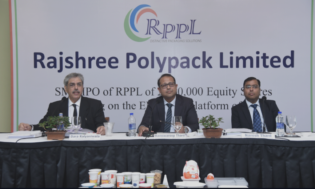 (L-R) Mr. Dara Kalyaniwala, Sr. VP Investment Banking, PL Capital Markets Pvt. Ltd.; Mr. Ramswaroop Thard, Chairman & Managing Director, Rajshree Polypack Limited; Mr. Naresh Thard, Joint Managing Director, Rajshree Polypack Limited addressing a press while announcing the forthcoming listing of Rajshree Polypack Limited on NSE Emerge-Photo By GPN