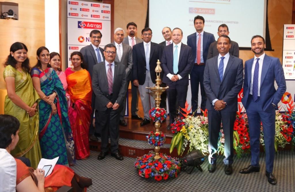 The management of Aavas Financiers Limited, bankers, family members and prominent dignitaries at the listing ceremony of Aavas Financiers Limited held today in Mumbai at the NSE.
