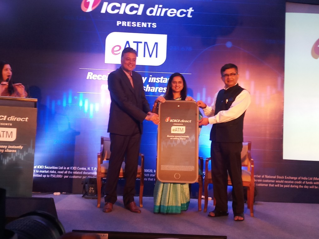 From Left to Right - Mr. Vishal Gulecha, Head - Equity, ICICI Securities, Ms. Shilpa Kumar, MD & CEO, ICICI Securities, Mr. AshishKumar Chauhan, MD & CEO, BSE Ltd at the launch of eAtm, a service which credits share settlement proceeds into the customer’s account within 30 minutes as opposed to earlier T+2 days - Photo By Sachin Murdeshwar GPN News Network 