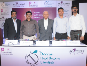 From left to right: Mr. Mintoo Gupta (Promoter & MD) -  Deccan Health Care Limited, Mr.Hitesh Patel (Director) - Deccan Health Care Limited, Mr. Yezdi Batliwala (Chairman & Director) - Deccan Health Care Limited, Mr.Nikhil Jajoo (Senior Manager) - Pantomath Capital Advisors Pvt. Ltd. & Unmesh Zagade (Manager) - Pantomath Capital Advisors Pvt. Ltd., at the IPO Press Conference held in Mumbai. 