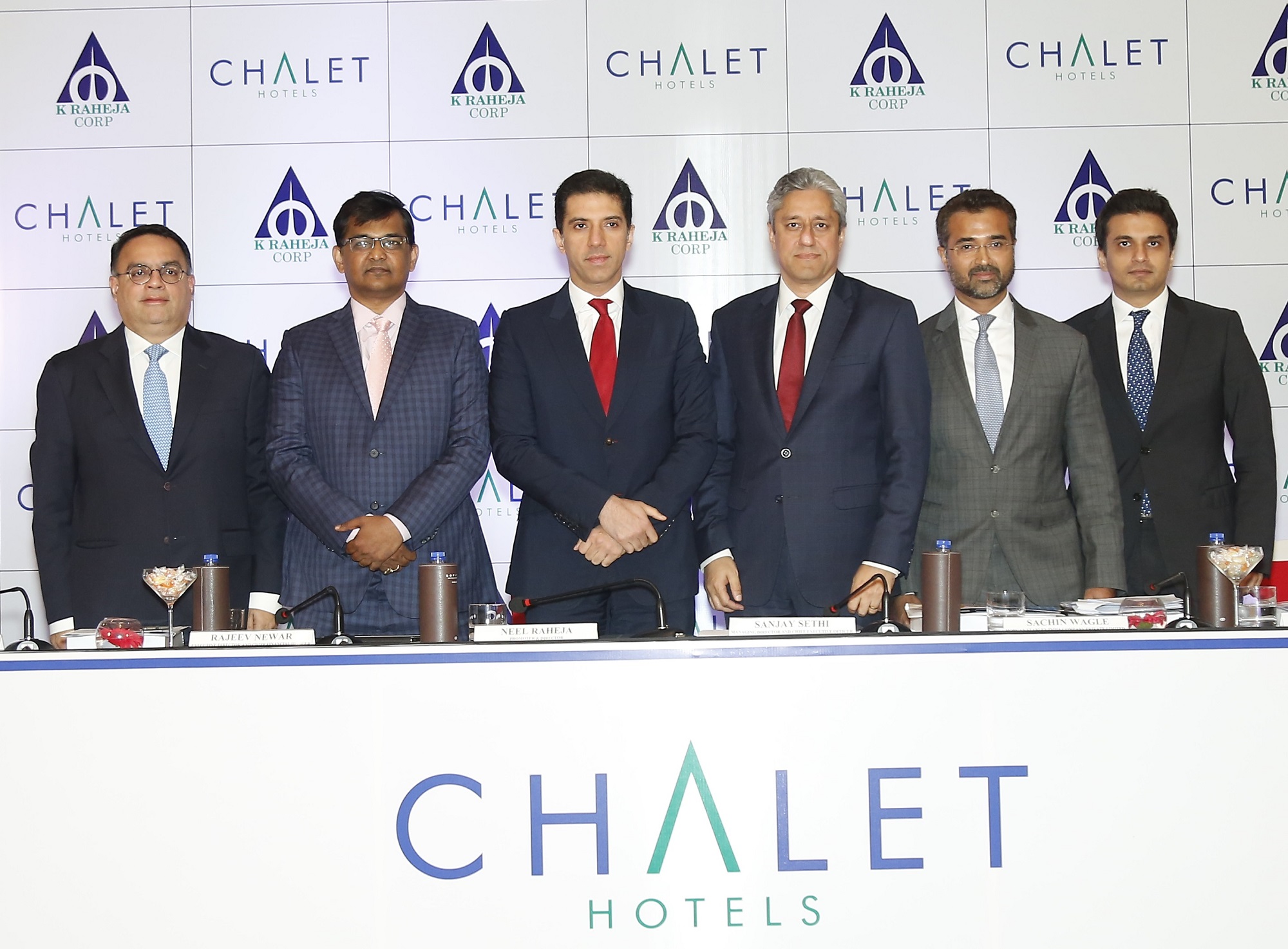 (L-R): Mr. Atul Mehra (JM Financial Limited), Mr. Rajeev Newar (Executive Director and Chief Financial Officer, Chalet Hotels Limited), Mr. Neel Raheja (Promoter & Director, Chalet Hotels Limited), Mr. Sanjay Sethi (Managing Director and Chief Executive Officer, Chalet Hotels Limited), Mr. Sachin Wagle (Morgan Stanley India Company Private Limited) and Mr. Chirag Negandhi (Axis Capital Limited) at the announcement of Chalet Hotels Limited IPO.- Photo By Sachin Murdeshwar GPN News Network 
