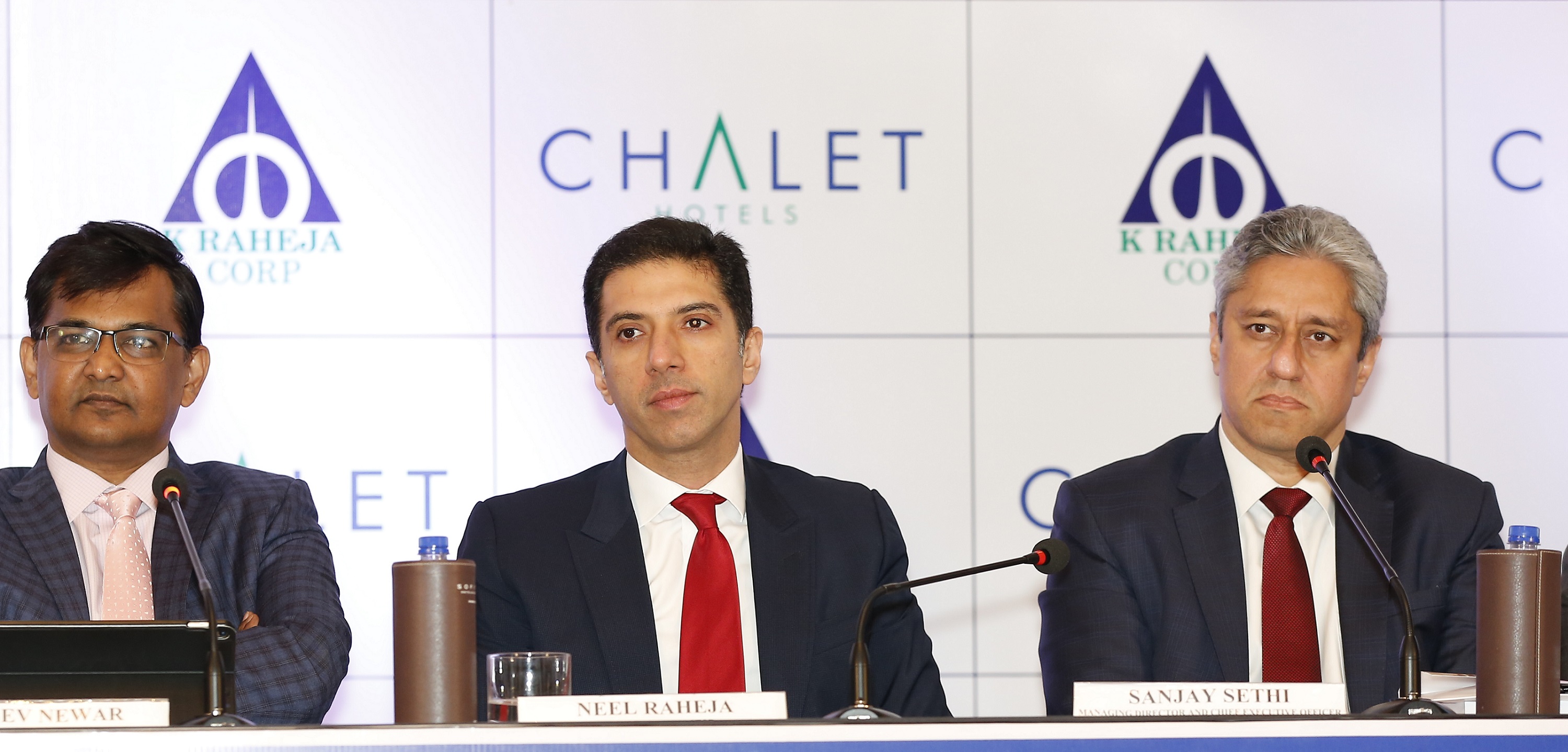 (L-R): Mr. Rajeev Newar (Executive Director and Chief Financial Officer, Chalet Hotels Limited), Mr. Neel Raheja (Promoter & Director, Chalet Hotels Limited), Mr. Sanjay Sethi (Managing Director and Chief Executive Officer, Chalet Hotels Limited) at the announcement of Chalet Hotels Limited IPO.