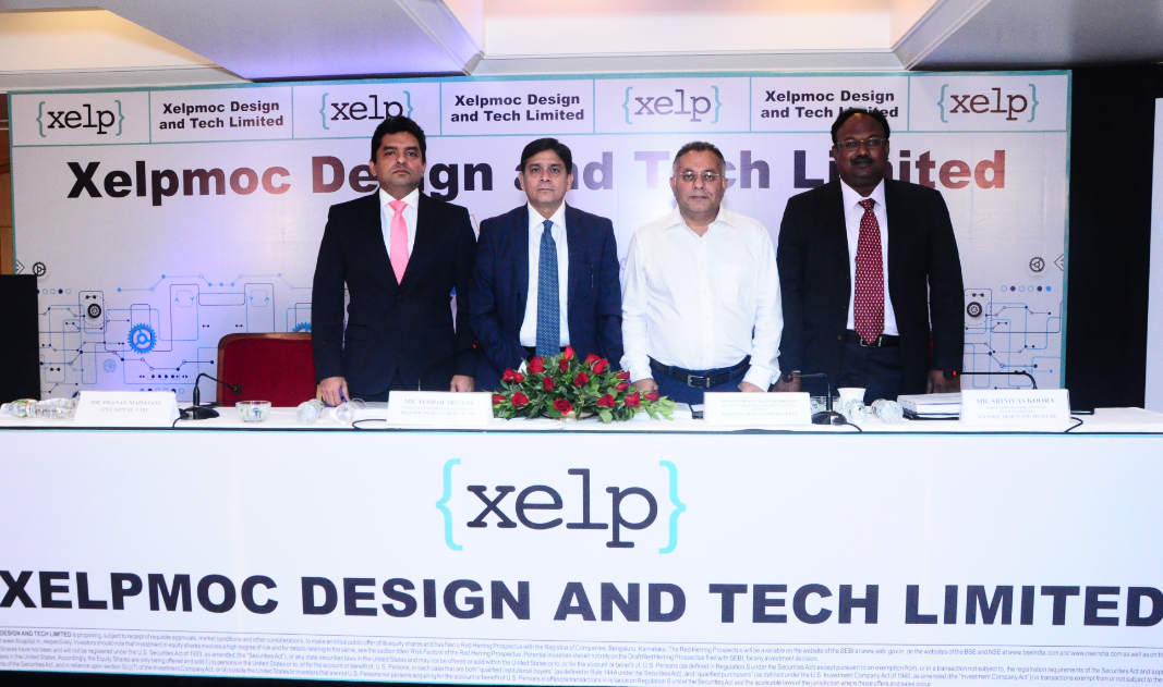 L to R : Mr. Pranav Mahajani, ITI Capital Ltd, Mr. Tushar Trivedi, Chairman, Xelpmoc Design, Mr. Sandipan Chattopadhyay, MD & CEO, Xelpmoc Design and Mr Srinivas Koora, CFO, Xelpmoc Design and Tech Ltd at the IPO Press Conference held in Mumbai.- Photo By Sachin Murdeshwar GPN News Network 