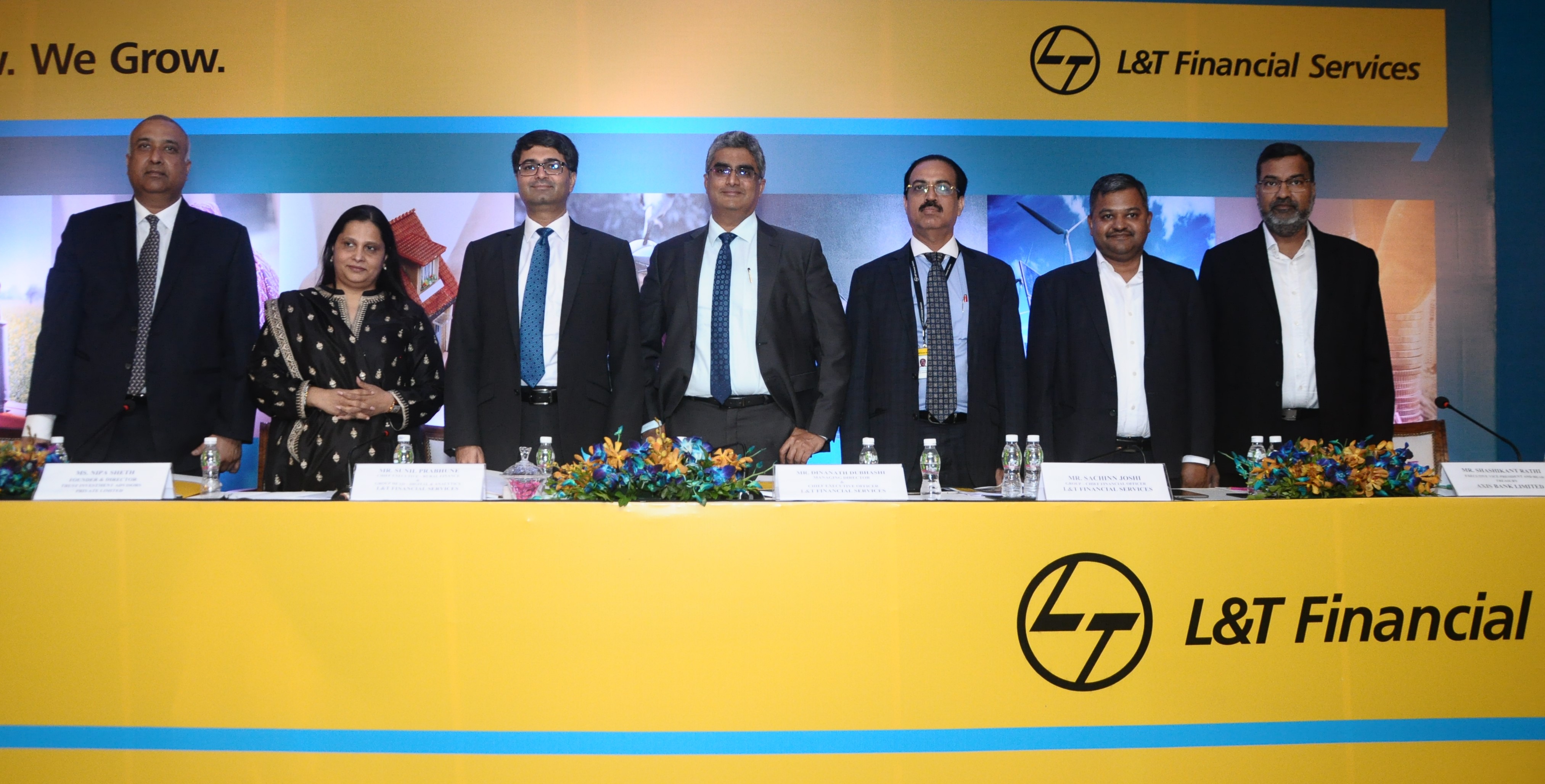 (LtoR) : Mr. Ajay Manglunia, Edelweiss Financial Services Limited, Ms. Nipa Sheth, Trust Investment Advisors Pvt.Ltd., Mr.Sunil Prabhune, Chief Executive - Rural Finance & Group Head, Digital & Analytics, L&T Financial Services, Mr. Dinanath Dubhashi, MD & CEO, L&T Financial Services, Mr. Sachinn Joshi, Group - CFO, L&T Financial Services, Mr. Shashikant Rath, Axis Bank Limited, Mr. Ashish Agarwal, A.K. Capital Services Limited at the L&T Finance Services Press Conference held in Mumbai.- Photo By Sachin Murdeshwar GPN News Network 