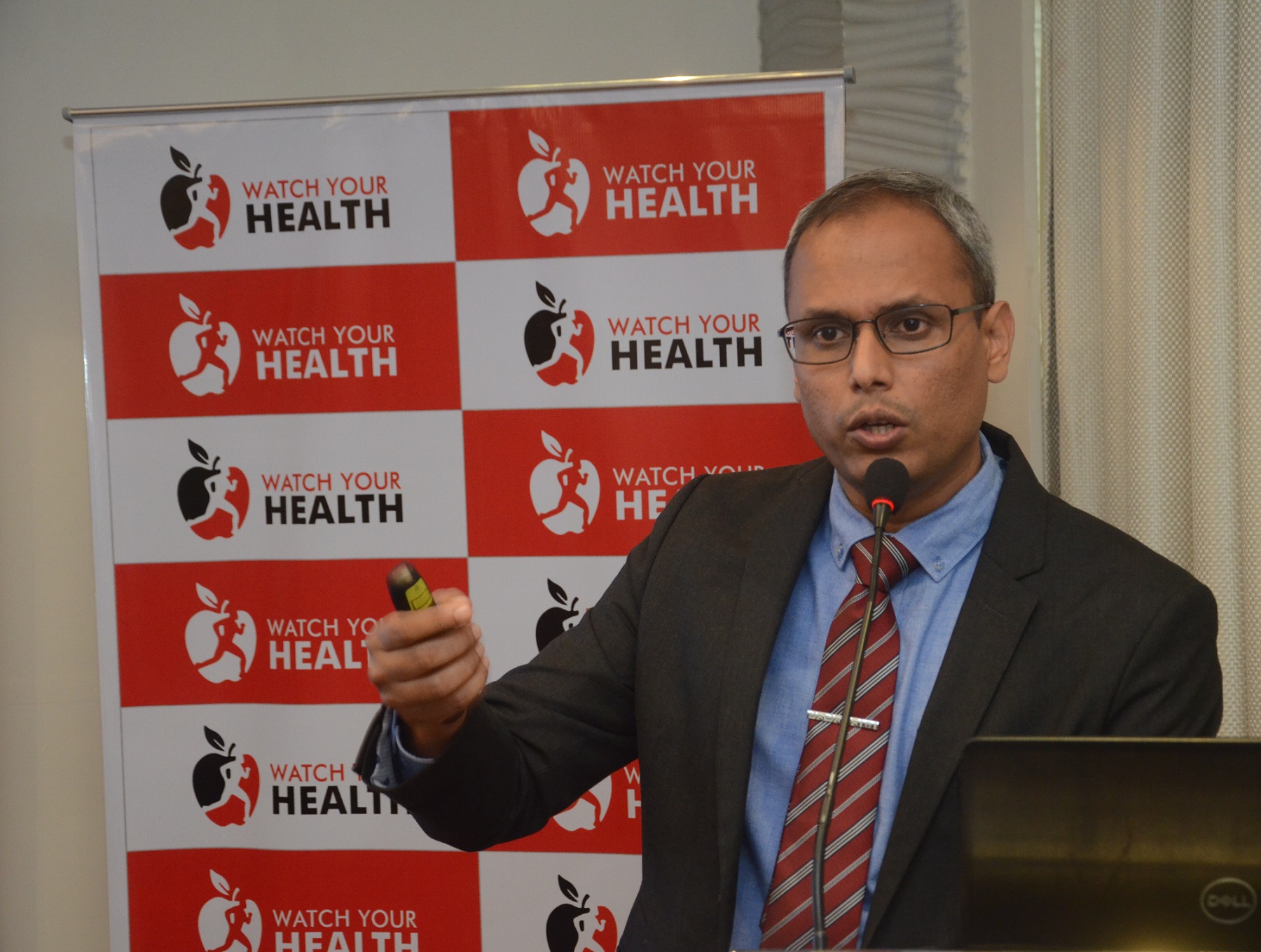 Mr. Ratheesh Nair, Founder and CEO, Watch Your Health at a press conference speaking about lifestyle management services to improve health and well-being of insurance policyholders / (GPN) 
