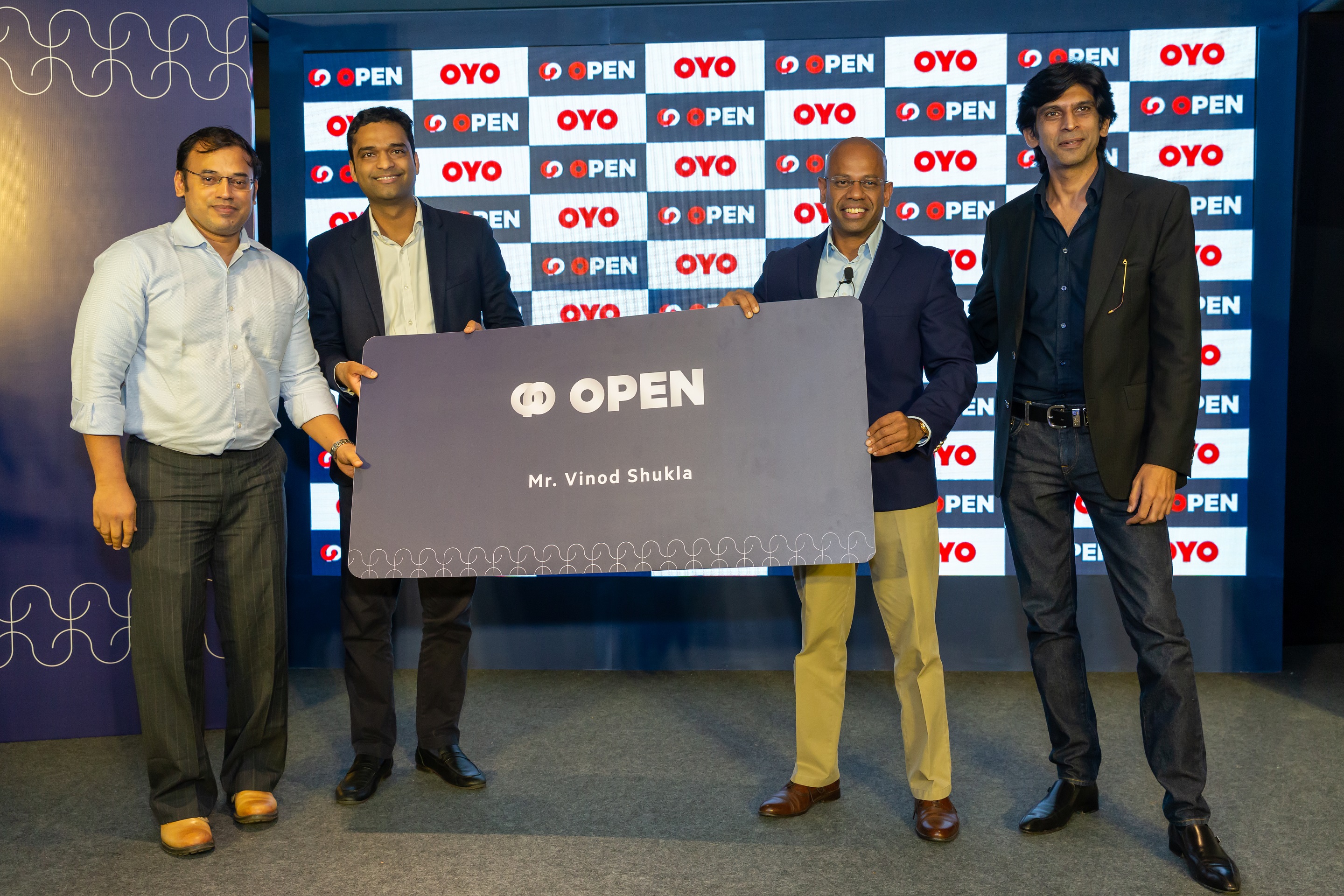 L to R - Mr Vinod Shukla, OYO Hotel owner, Mr Ayush Mathur, Chief Supply Officer at OYO Hotels & Homes, Anup Shetty, OYO Hotel owner Aditya Ghosh, CEO - India & South Asia, OYO Hotels & Homes - Photo By Sachin Murdeshwar / GPN 