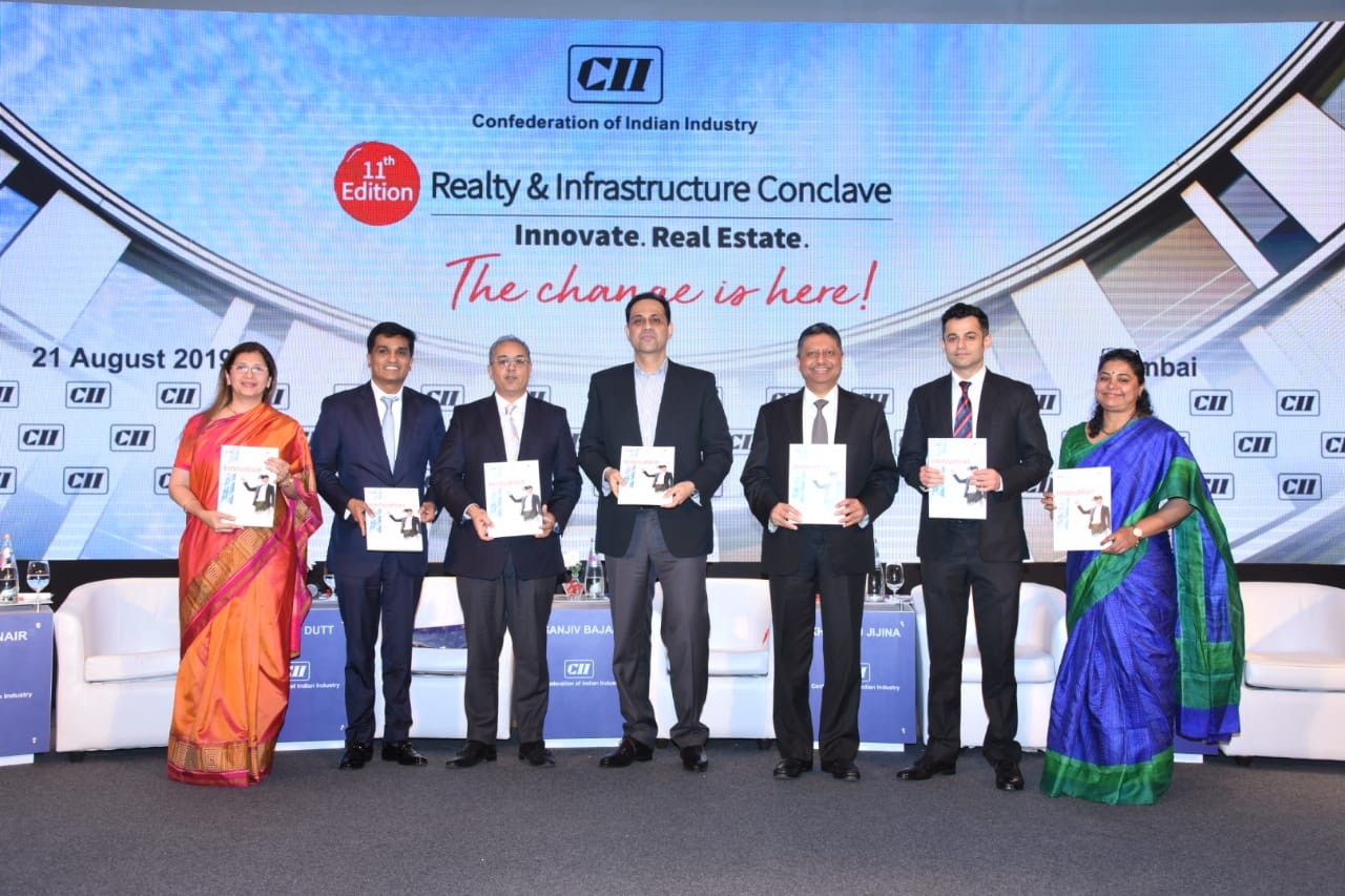 Launching an exclusive CII-JLL Report Titled 'Innovation Led Opportunities: Changing India' s Real Estate Landscape' at the 11th Edition of CII Realty and Infrastructure Conclave From left: kashmira Mewawala,  Ramesh Nair, Sanjay Dutt, Sanjiv Bajaj, Khushru Jijina, Mohit Malhotra, Jane Karkada - Photo By Sachin Murdeshwar GPN