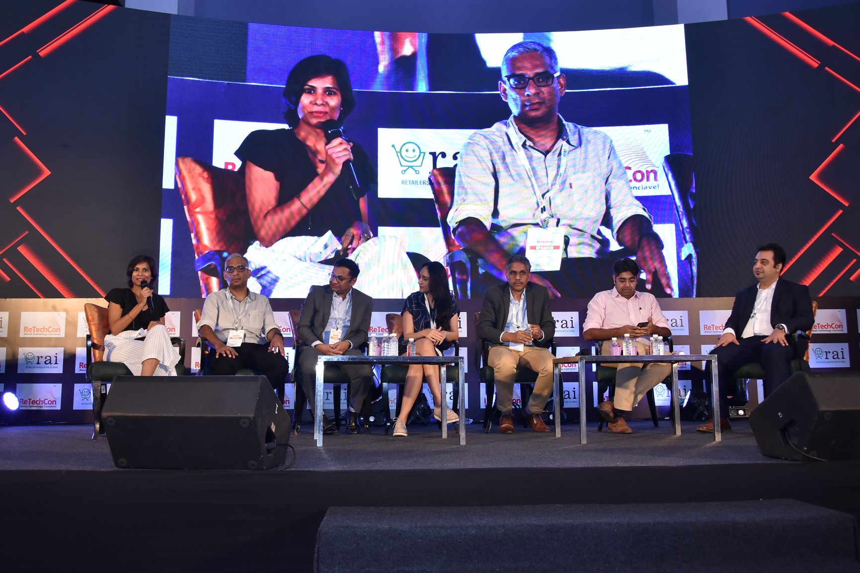 Day 2 - ReTechCon 2019 Speakers: (From L-R) 1:  Kaveri Misra, Industry Strategist, Adobe Systems 2: Abhimanyu Lal, Chief Product Officer & Business Head, Pepperfry 3: Arvind R P, Director – Marketing & Communications, McDonalds India (West and South) 4: Monica Singh, Head Marking & PR, Bestseller Retail India Pvt. Ltd. (Vero Moda, Jack & Jones, ONLY) 5: Rajiv Nair, CEO, Kaya Ltd. 6: Vivek Kapoor, Co- Founder, Dineout and 7: Vishwajeet Sukhija, Subsidiary Lead, Business Apps, Microsoft - Photo By Sachin Murdeshwar GPN
