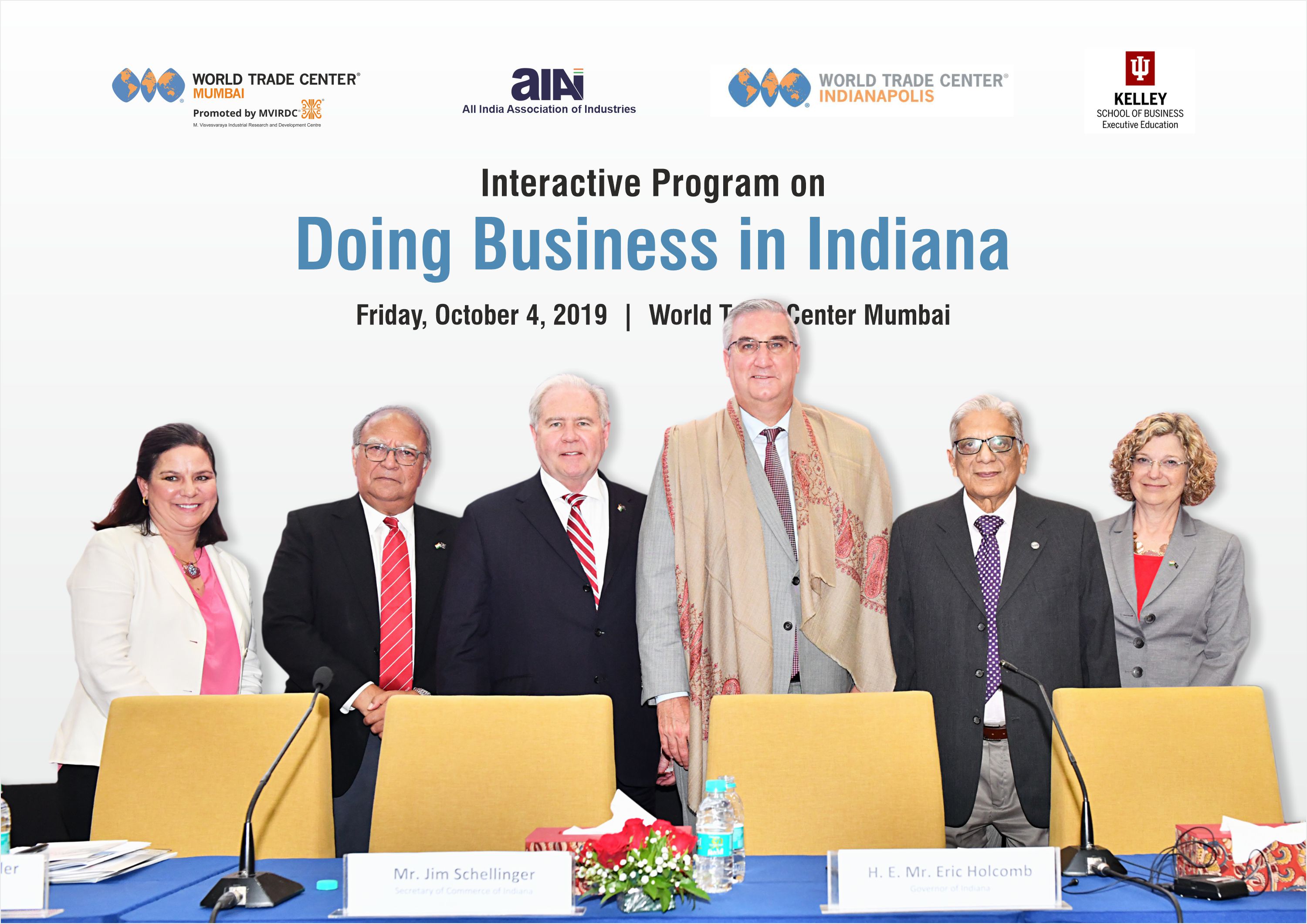 L-R: Ms. Doris Anne Sadler, President and CEO of World Trade Center Indianapolis, Mr. Ash Soni, Associate Dean of Academic Programmes, Kelley School of Business, Mr. Jim Schellinger, Secretary of Commerce, Indiana, Mr. Eric Holcomb, Governor of Indiana, USA, Mr. Y.R. Warerkar, Director General, MVIRDC World Trade Center and Ms. Idie Kesner, Dean of the Kelley School of Business at an interactive programme on ‘Doing Business in Indiana’, in Mumbai - Photo By Sachin Murdeshwar / GPN