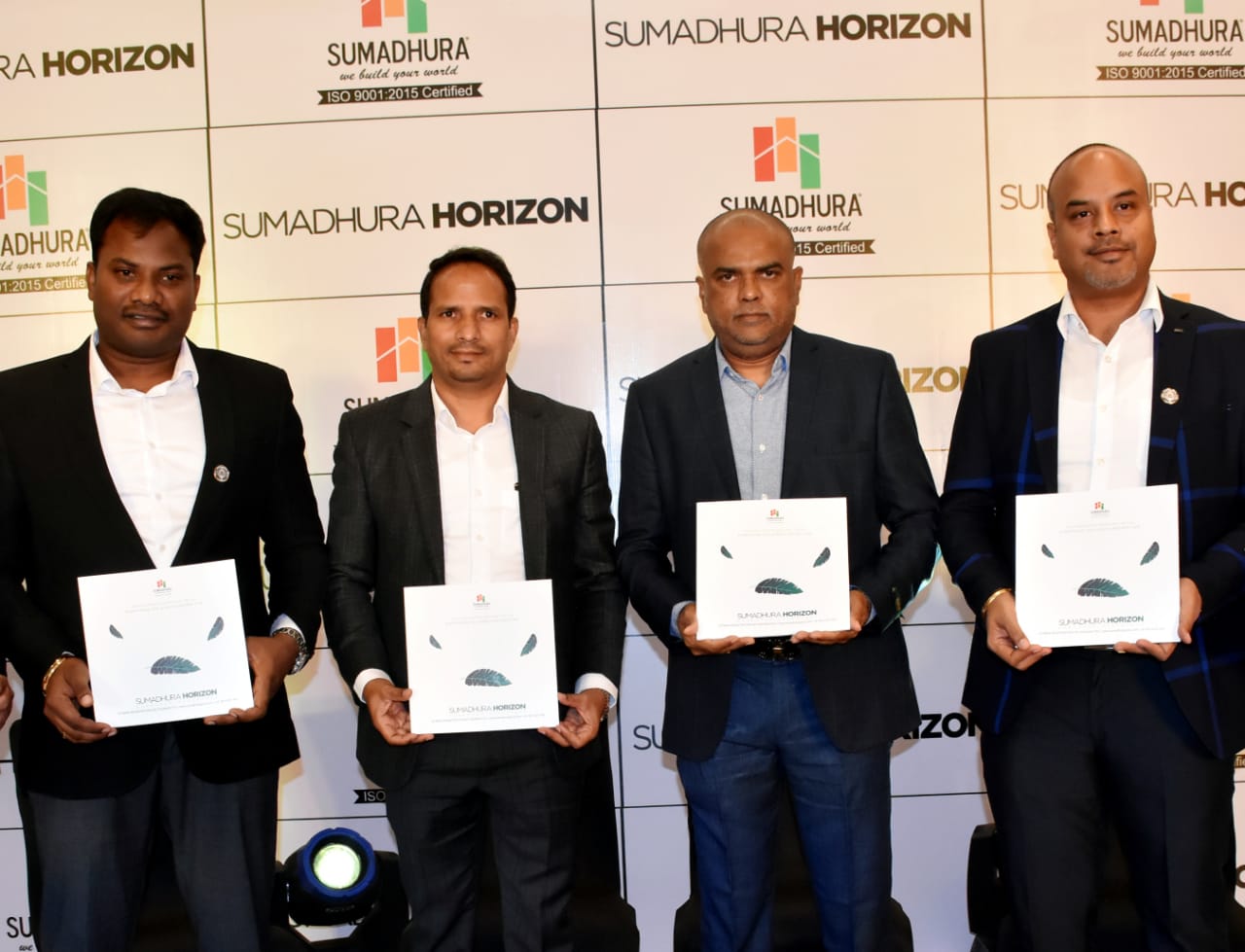 (Left to Right) Naveen G, Director, Construction; Madhusudhan G, CMD, Rama Rao, VC, K Bharat, Director Operations at the launch of Sumadhura Horizon, a 300 crore super luxury residential project located at Kondapur, Hyderabad from Sumadhura Group. -Photo By Sachin Murdeshwar GPN
