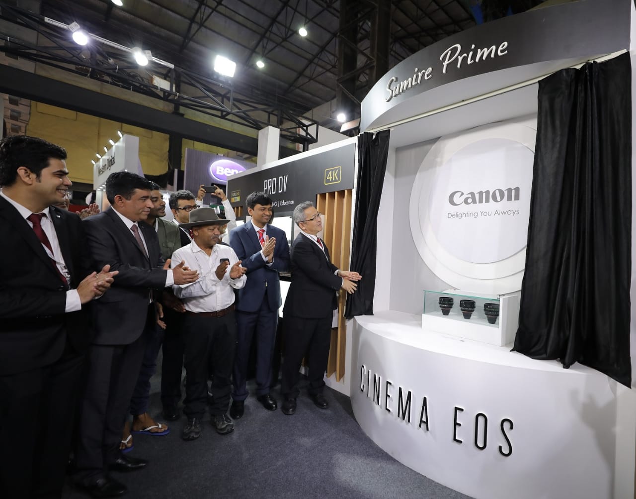 Mr. Kazutada Kobayashi, President & CEO, Canon India and Mr. C Sukumaran, Director, Image Communication Products and Consumer System Products along with the Canon India team launching the flagship Sumire Prime Lens at the Broadcast India Show 2019 -Photo By Sachin Murdeshwar GPN