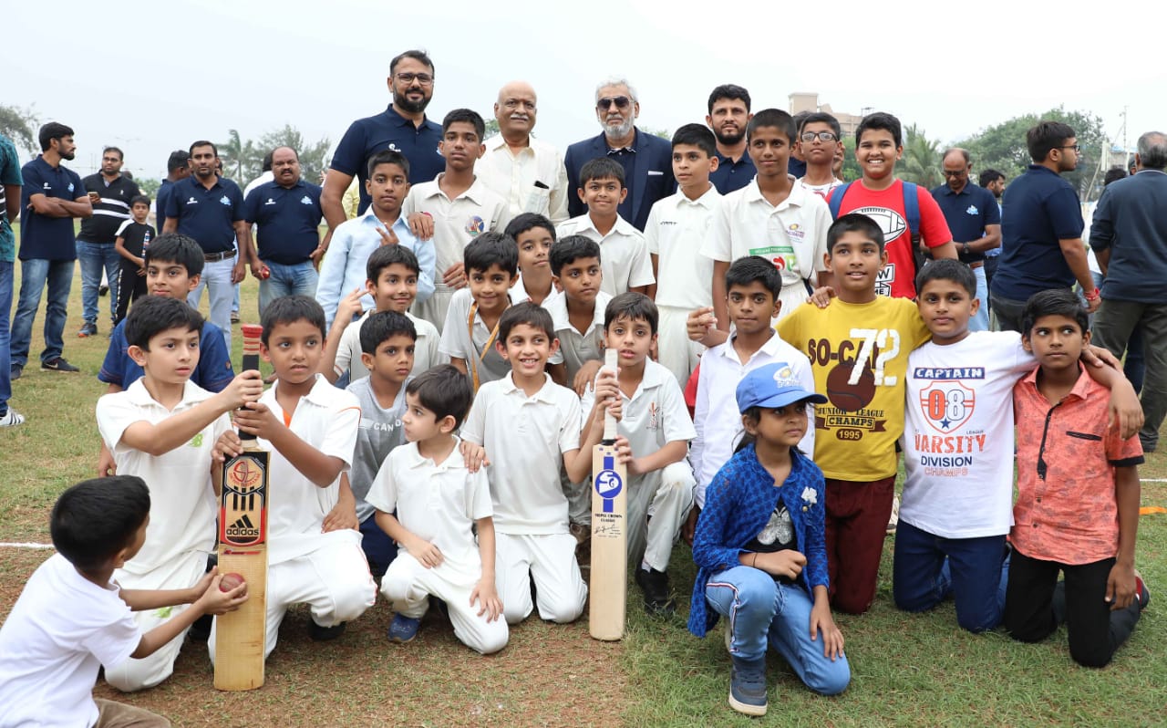 (L-R) CRICKINGDOM  INDIA PRIVATE LIMITED Parag Dahiwal - Director & Country Head, CricKingdom, Gurunath Sharma, father of Indian cricketer – Rohit Sharma, Yusuf Abrahani  President, Islam Gymkhana, Chetan Suryawanshi – CEO, CricKingdom among young cricketers during the launch of Rohit Sharma-CricKingdom Cricket Academy at Islam Gymkhana on Friday-Photo By Sachin Murdeshwar GPN