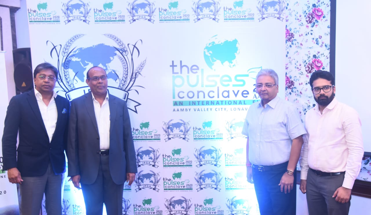 Key officials from India Pulses and Grains Association at the announcement event From L- R : Mr. Pravin Dongre, Director, Mr. Jitu Bheda, Chairman, Mr. Anurag Tulshan, Director, Mr. Saurabh Bhartia, Member of the Managing Committee -Photo 