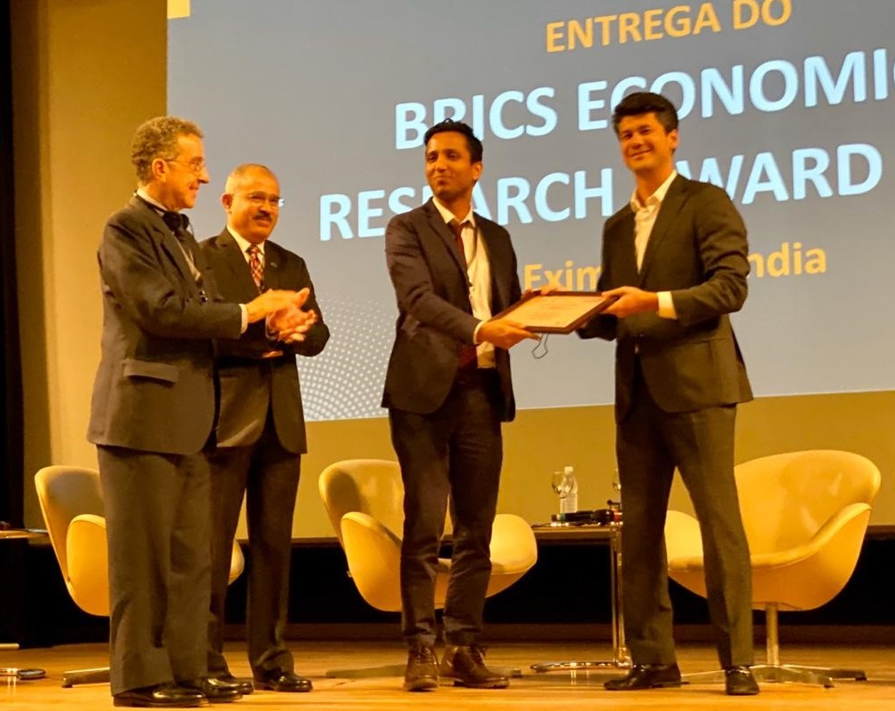 EXIM Bank: Presentation of Exim Bank of India’s BRICS Economic Research Award 2019 by Mr. Gustavo Montezano, President of Brazilian National Bank for Economic and Social Development (BNDES), to the Award winner, Dr. Tushar Bharati in the presence of Dr. José Pio Borges, Chairman of the Board of Trustees of Brazilian Center for International Relations (CEBRI) and Mr. David Rasquinha, Managing Director, Export-Import Bank of India (Exim Bank), during the 9th Annual BRICS Financial Forum hosted by BNDES together with CEBRI, in Rio de Janeiro, Brazil on November 12, 2019. 