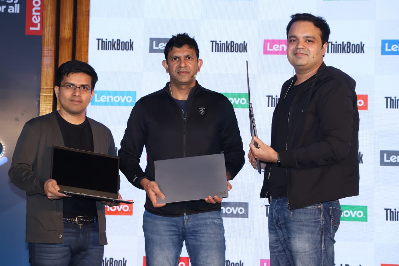 In Centre Rahul Agarwal, CEO & MD, Lenovo India With the newest addition of ThinkBook 14 and 15 during the Launch of 'THE NEW DEVICE' today Tuesday 19 November 2019 at Cowrks, Worli, Mumbai - Photo By Sachin Murdeshwar GPN